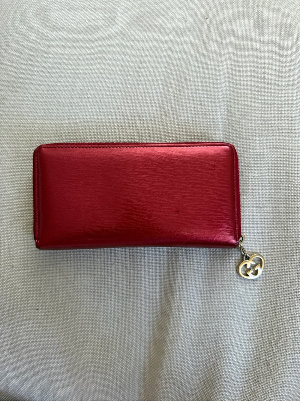 Gucci Red Zip Around Wallet with Gold Logo Charm